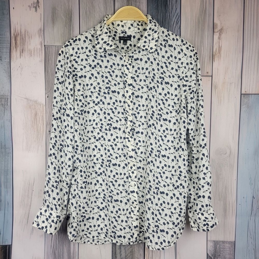 Talbots Black White Floral Long Sleeve Button Down Shirt Blouse Size Medium